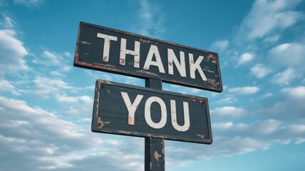 Fototapeta premium Vintage thank you sign against bright blue cloudy sky