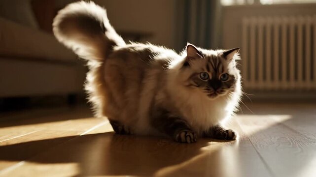 Fluffy domestic cat running and pouncing with open mouth across sunlit wooden floor indoors. Playful feline movement of creature enjoying warm light in home.