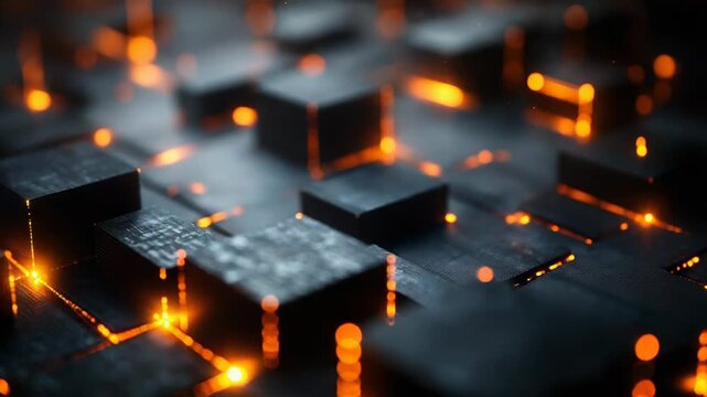 Digital data flowing through a futuristic network of dark cubic structures, representing technological advancement, blockchain, and computing power with vibrant orange lights and floating particles