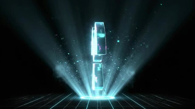 Cyan nuclear radiation hologram with glitch distortion and scan lines. 3D scifi warning sign on grid. Concept of radioactive hazard, atomic energy, and futuristic digital interface.
