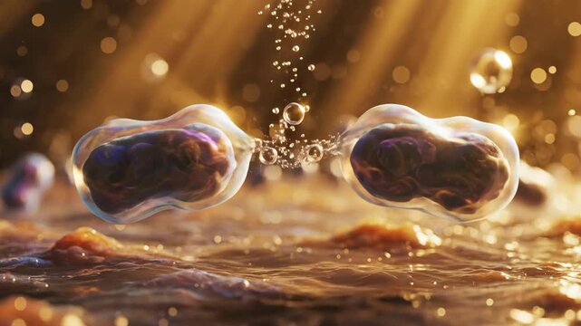 Microscopic view of cellular division process showing replication of cell structure under golden light with rising bubbles, scientific research and biotechnology concept