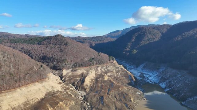Vidraru Lake empty reservoir with low water