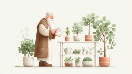 Celtic Druid Watering Plants in Minimalist Indoor Garden, Ancient Robed Figure Caring for Greenery, Nature Stewardship and Sustainability Concept, Tradition Meets Modern Eco Lifestyle