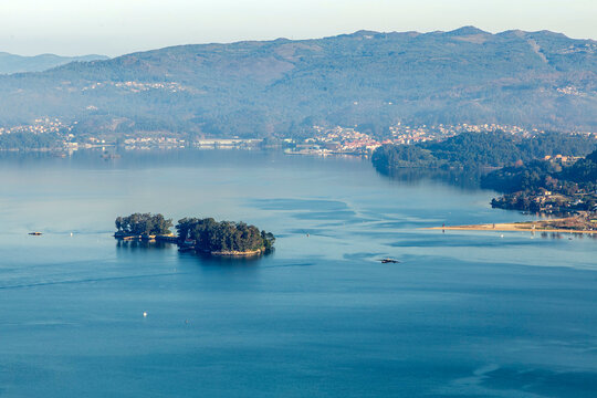 Areal view of San Simon Island and the Vigo estuary within the Rias Baixas, Galicia, Spain