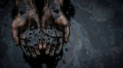 Hands covered in crude oil. Pollution Concept