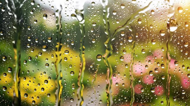 Rain drops cling to glass window pane, creating natural abstract patterns with blurred garden foliage and vibrant flowers in background. Wet weather concept.