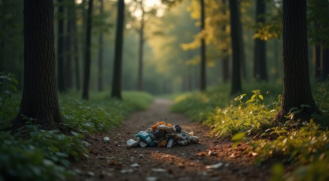 Pile of garbage on the ground in the woods