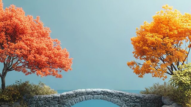 Stone arch bridge connecting two small islands, each featuring a vividly colored tree in shades of orange and yellow, reflecting across calm blue water under a serene sky