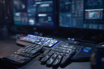 Incident Response Console At Midnight With Leather Gloves On Compact White Keyboard, Financial SOC, Top-Down 50mm, Blue Status Lights, Secure Workspace