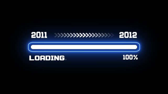 Blue neon glowing 100 percent loading bar for year 2011 to 2012, concept of time passage and data update