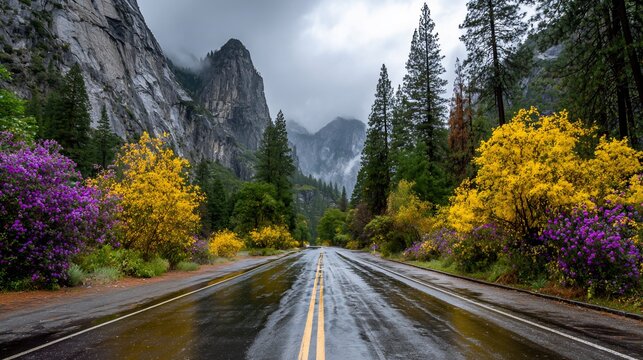 Wet road leading towards mountains with colorful vegetation on sides under cloudy sky