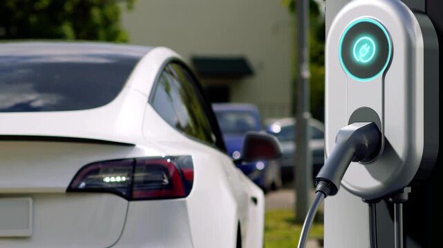 Electric car backs up to the charging station to recharge the battery. Charge station for electric cars. Electric car charger. Clean energy filling, eco-friendly, zero pollution technology. 4k footage