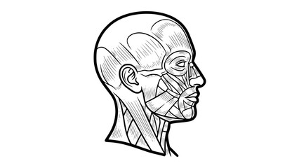 Flat vector illustration of a human head isolated on white background, fitness anatomy style, clean lines, modern gym illustration, minimal shading, educational workout graphic