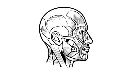 Flat vector illustration of a human head isolated on white background, fitness anatomy style, clean lines, modern gym illustration, minimal shading, educational workout graphic