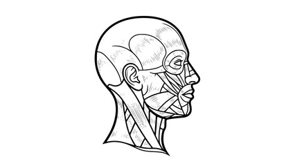 Flat vector illustration of a human head isolated on white background, fitness anatomy style, clean lines, modern gym illustration, minimal shading, educational workout graphic