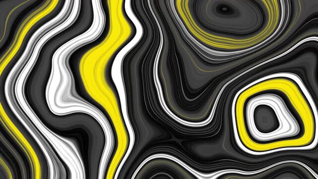 Abstract black white and yellow wavy fluid pattern.