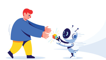 Fototapeta premium Human and Robot Interaction with Gift Exchange in a Colorful Illustration