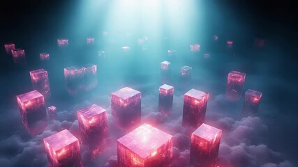 Futuristic digital skyline of glowing pink data blocks rising from soft clouds, evoking ai, blockchain and cloud computing in a surreal cyberspace landscape of connections and servers - Powered by Adobe