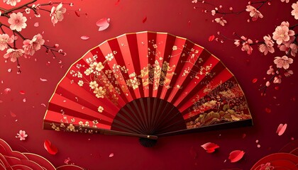 Vibrant red traditional fan with cherry blossoms and gold accents
