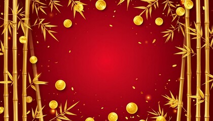 Golden coins and bamboo leaves on red background for luxury branding