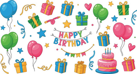 Colorful birthday celebration with balloons gifts and cake presents © Sumia Art