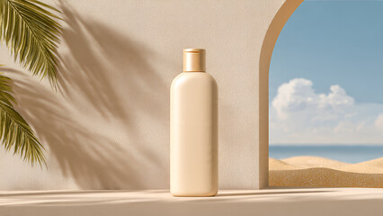 Sunscreen bottle mockup with tropical beach background