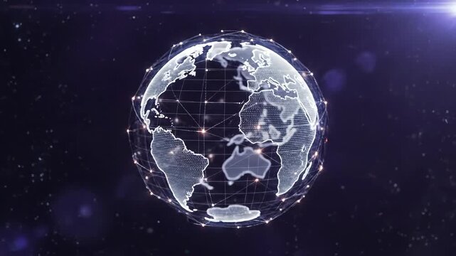 Digital Earth globe with interconnected network points and lines illustrating global communication, data exchange, and technological connection across continents.
