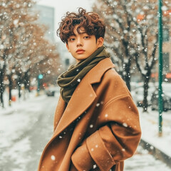 boy in a long camel coat with a scarf