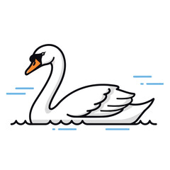 Naklejka premium A cute cartoon vector illustration of a white swan bird swimming on a nature lake water surface with a wild goose silhouette and artistic beak design