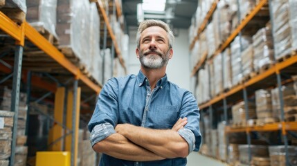 A man stands in a warehouse with his arms crossed looking confident. Shelves filled with boxes and pallets surround him in the spacious area.