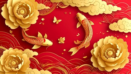 Vibrant koi fish swim amidst golden flowers and clouds on red background