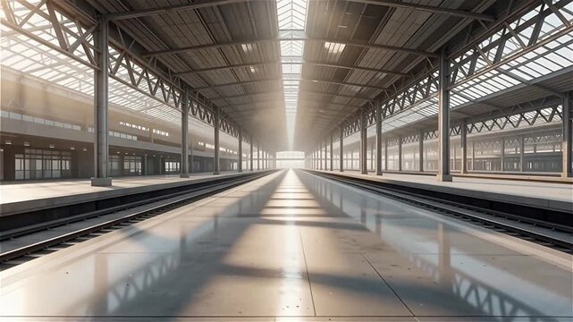 Vast and empty vintage train station platform stretches toward the bright central light under a massive industrial metal roof structure
