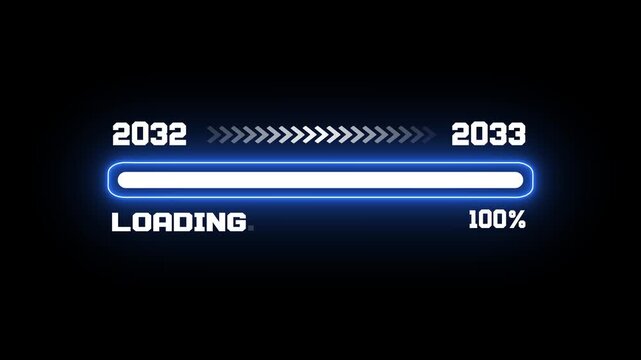 Loading Bar from 2032 to 2033 with Blue Neon Glow, Minimalist Loading Progress Bar 2032-2033 Animation