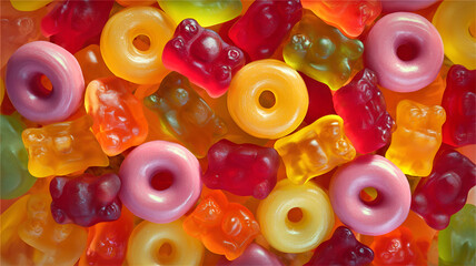 Assorted colorful gummy candies, top view, Jelly donuts, Jelly bears, close up background.

