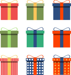 Gift box, packaging box, set of colorful gift boxes. Vector, cartoon illustration, postcard, poster.