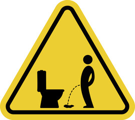 Urinate on the floor sign. It's wrong to urinate outside the toilet. A visual reminder about improper toilet use. Maintain sanitary standards. Keep the toilet clean. Yellow warning road sign.