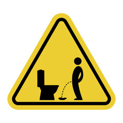 Urinate on the floor sign. It's wrong to urinate outside the toilet. A visual reminder about improper toilet use. Maintain sanitary standards. Keep the toilet clean. Yellow warning road sign.