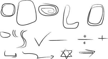 Hand-drawn sketch elements collection featuring various shapes, symbols, and arrows