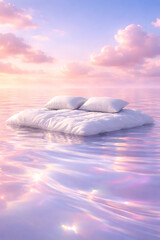 Pillow island drifting in pastel sea, peaceful solitude