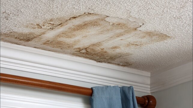 Water damage on a ceiling, with sagging drywall and brown stains, before repair