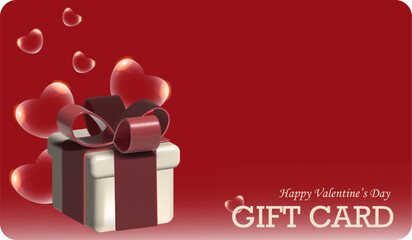 Valentine's Day gift card with illustrated gift box and transparent hearts on red background