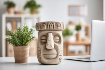 Neolithic Stone Figurine on Desk Beside Laptop in Modern Office, Ancient Human Sculpture Juxtaposed With Startup Workspace, Timeless Wisdom and Innovation
