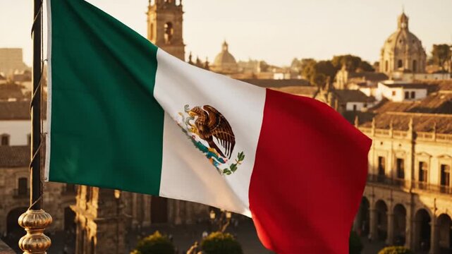 Mexican flag waving over historic cityscape at sunset