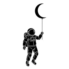 Black and white silhouette of an astronaut floating in space, minimalist and modern illustration style, symbolizing exploration, curiosity, and the future against a clean white background.