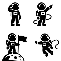 Black and white silhouette of an astronaut floating in space, minimalist and modern illustration style, symbolizing exploration, curiosity, and the future against a clean white background.