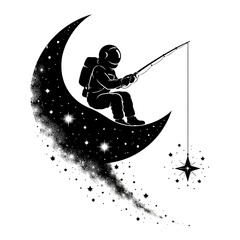 Black and white silhouette of an astronaut floating in space, minimalist and modern illustration style, symbolizing exploration, curiosity, and the future against a clean white background.