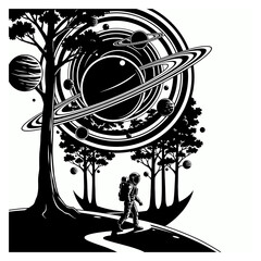 Black and white silhouette of an astronaut floating in space, minimalist and modern illustration style, symbolizing exploration, curiosity, and the future against a clean white background.