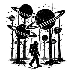 Black and white silhouette of an astronaut floating in space, minimalist and modern illustration style, symbolizing exploration, curiosity, and the future against a clean white background.