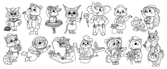 A set of 14 children's coloring pages featuring animals in various professions. A collection of line art characters. Cute cartoon animals and their jobs and activities