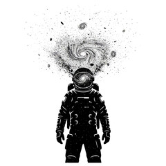 Black and white silhouette of an astronaut floating in space, minimalist and modern illustration style, symbolizing exploration, curiosity, and the future against a clean white background.